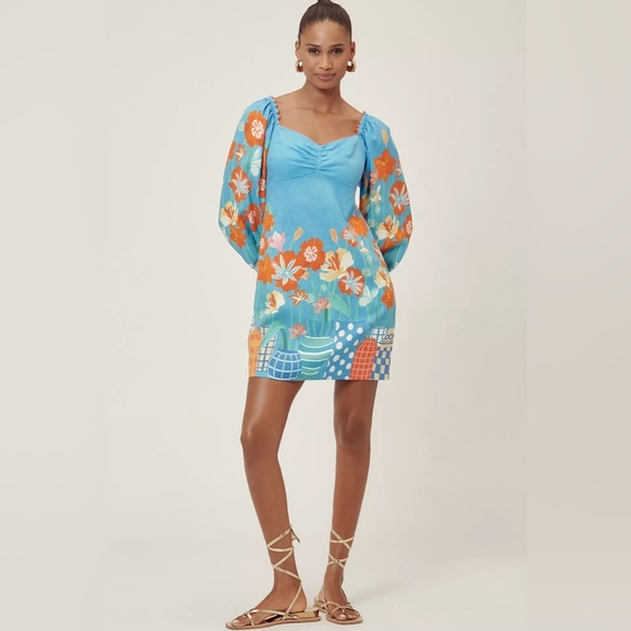 Farm Rio x Anthropologie Blue Floral Linen Blend Long Sleeve Mini Dress - Picture 3 of 14